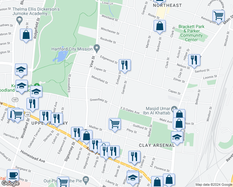 map of restaurants, bars, coffee shops, grocery stores, and more near 515 Garden Street in Hartford