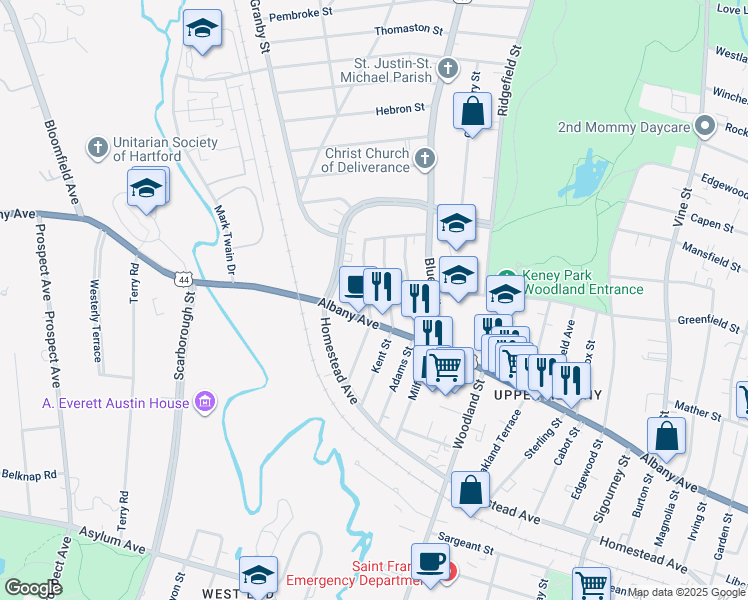 map of restaurants, bars, coffee shops, grocery stores, and more near 85 Kent Street in Hartford