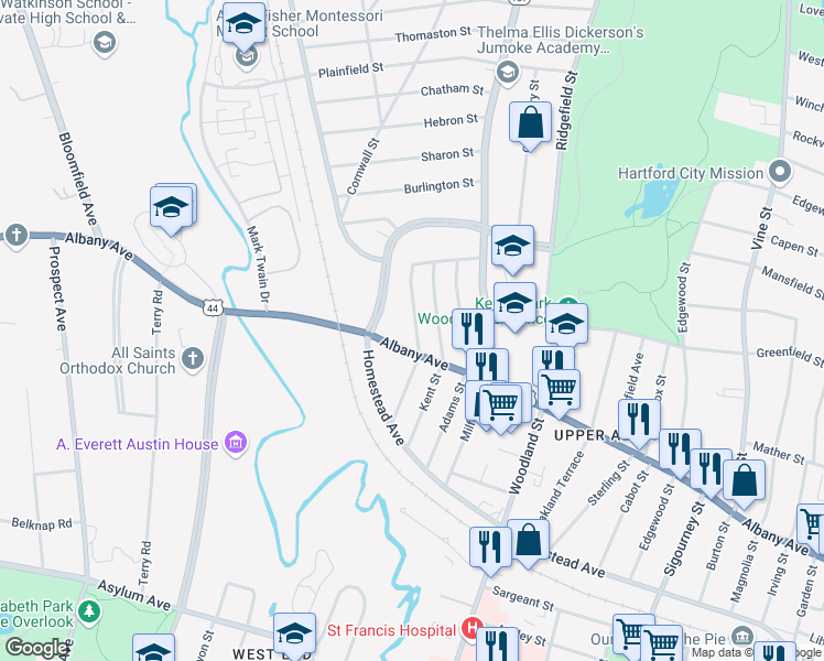 map of restaurants, bars, coffee shops, grocery stores, and more near 1496 Albany Avenue in Hartford