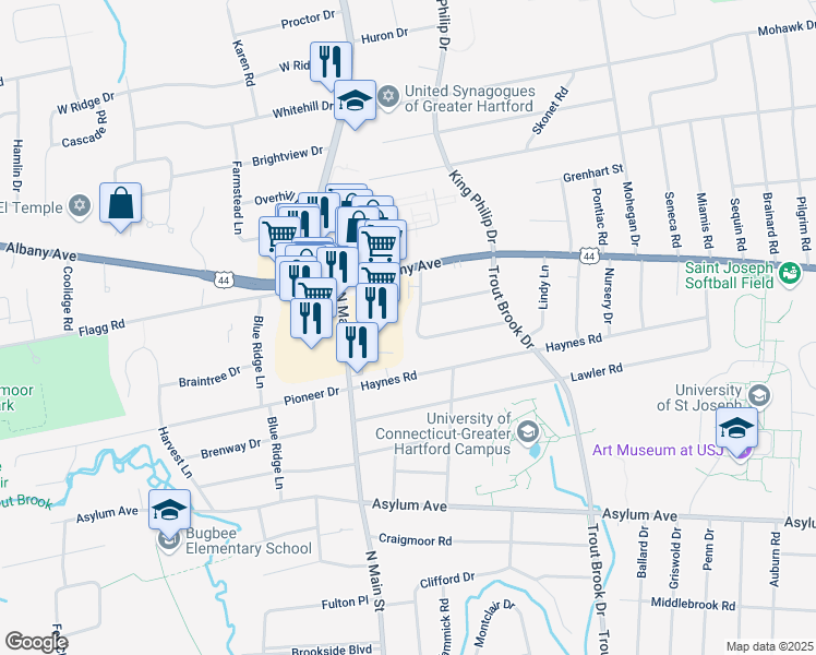 map of restaurants, bars, coffee shops, grocery stores, and more near 39 Sky View Drive in West Hartford