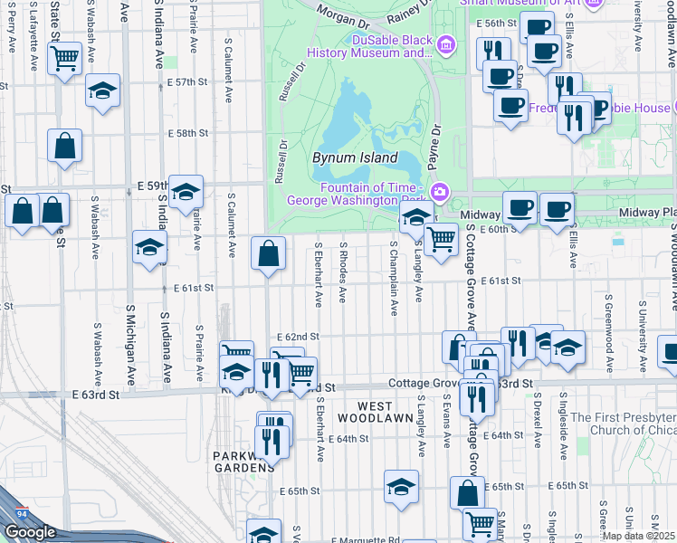 map of restaurants, bars, coffee shops, grocery stores, and more near 6105 South Rhodes Avenue in Chicago