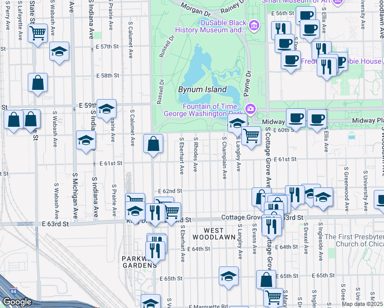 map of restaurants, bars, coffee shops, grocery stores, and more near 6105 South Rhodes Avenue in Chicago