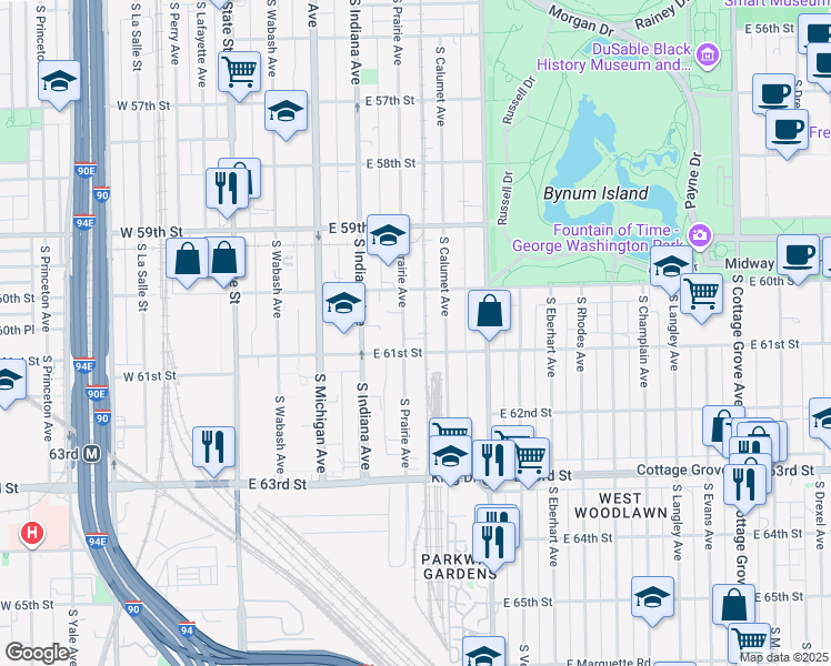 map of restaurants, bars, coffee shops, grocery stores, and more near 312 East 61st Street in Chicago