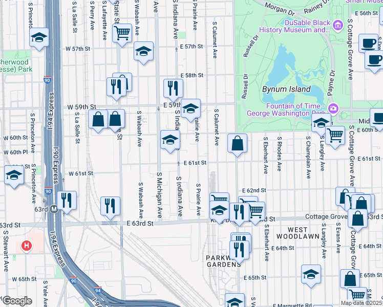 map of restaurants, bars, coffee shops, grocery stores, and more near 222 East 61st Street in Chicago