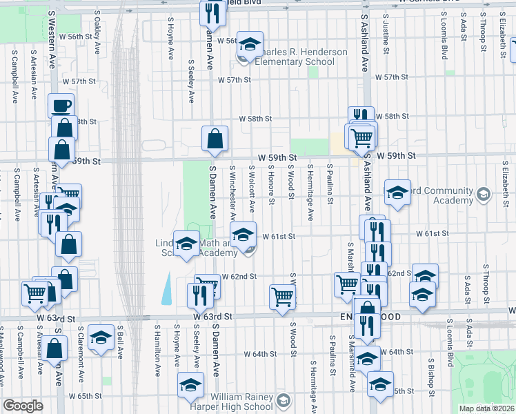 map of restaurants, bars, coffee shops, grocery stores, and more near 6028 South Wolcott Avenue in Chicago