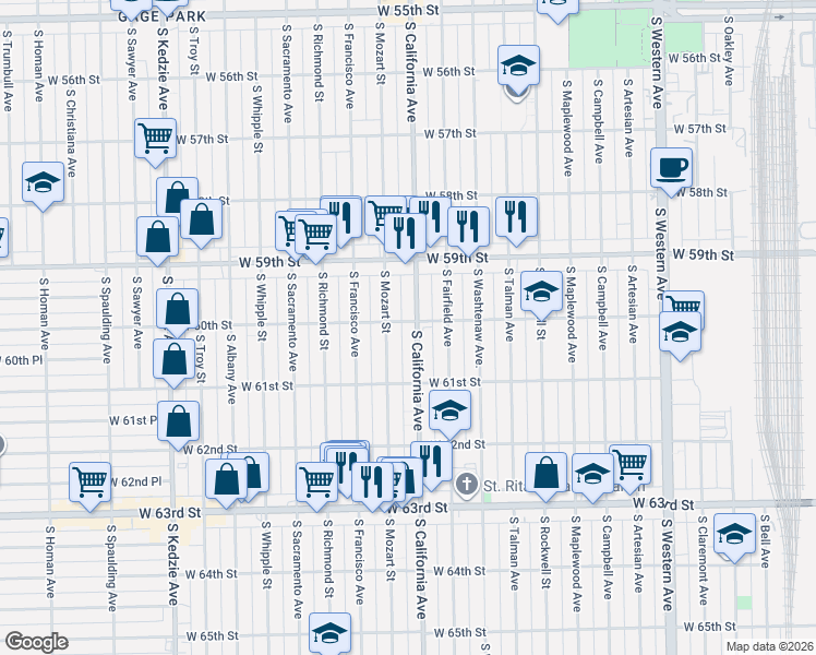 map of restaurants, bars, coffee shops, grocery stores, and more near 6017 South Mozart Street in Chicago