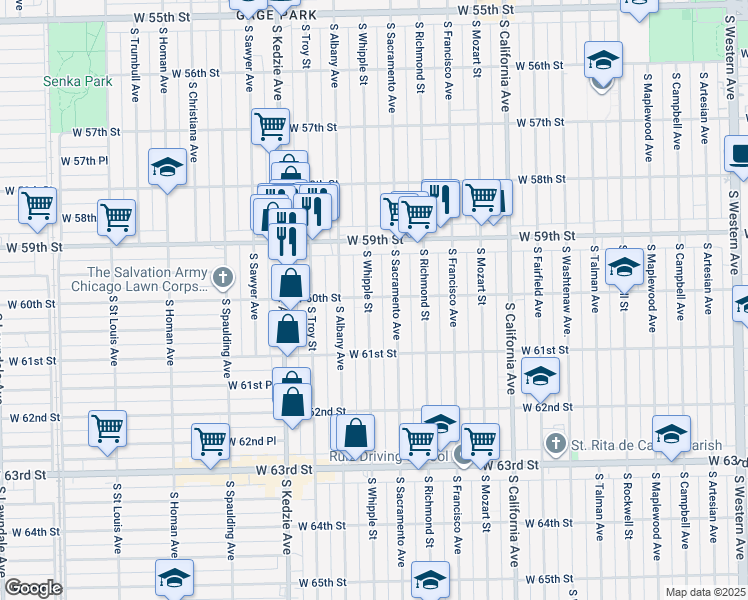 map of restaurants, bars, coffee shops, grocery stores, and more near 6016 South Sacramento Avenue in Chicago