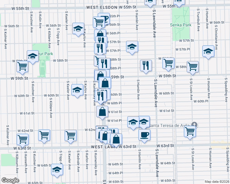 map of restaurants, bars, coffee shops, grocery stores, and more near 3925 West 60th Street in Chicago