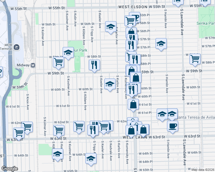 map of restaurants, bars, coffee shops, grocery stores, and more near 5959 South Keeler Avenue in Chicago