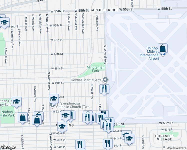 map of restaurants, bars, coffee shops, grocery stores, and more near 5944 South Parkside Avenue in Chicago
