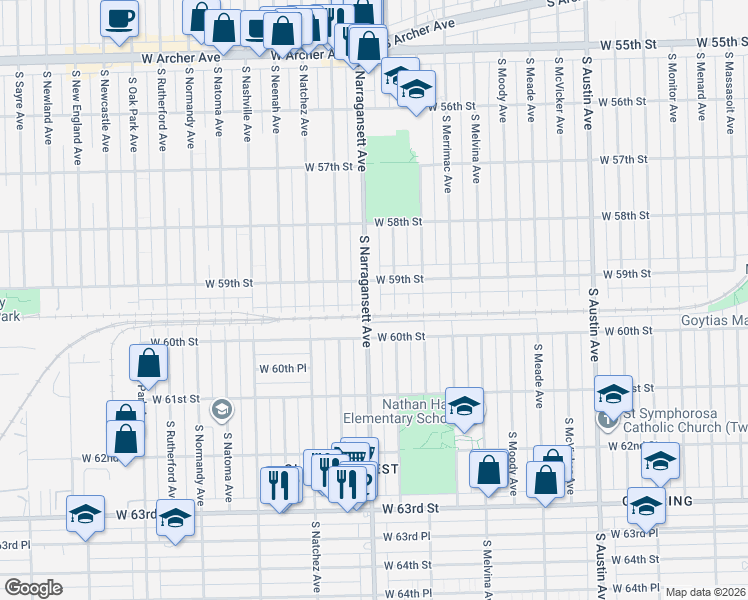 map of restaurants, bars, coffee shops, grocery stores, and more near 5930 South Narragansett Avenue in Chicago