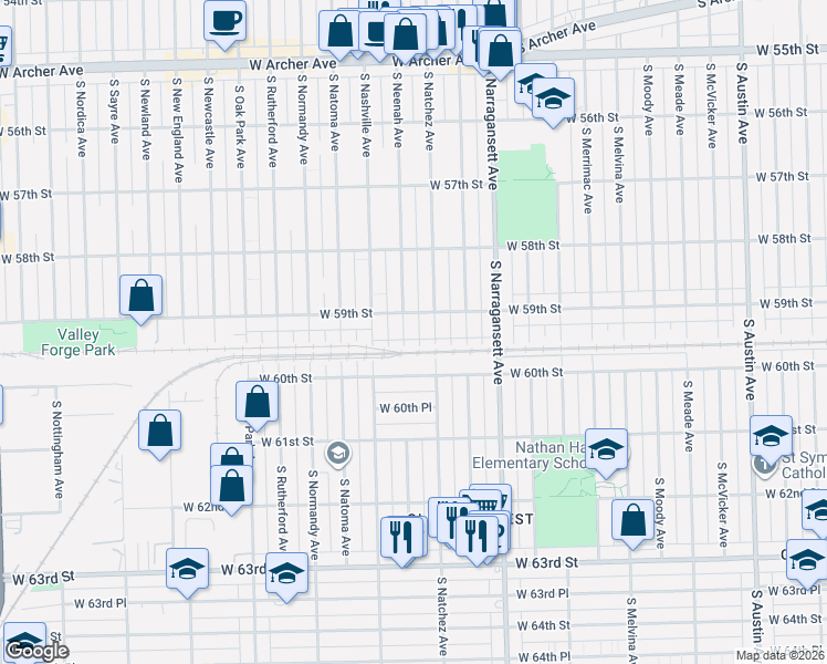 map of restaurants, bars, coffee shops, grocery stores, and more near 5930 South Natchez Avenue in Chicago