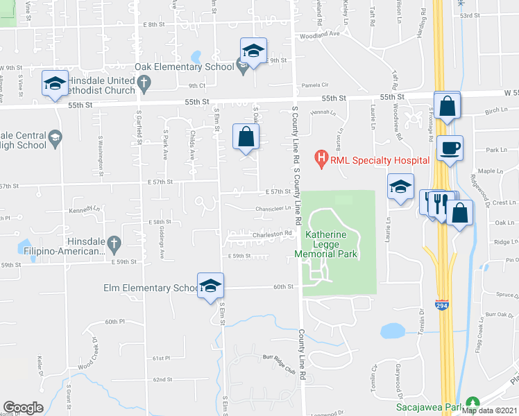 map of restaurants, bars, coffee shops, grocery stores, and more near 704 Chanticleer Lane in Hinsdale