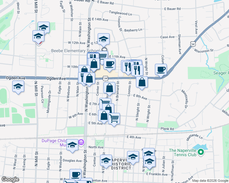 map of restaurants, bars, coffee shops, grocery stores, and more near 736 North Brainard Street in Naperville