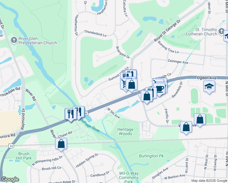 map of restaurants, bars, coffee shops, grocery stores, and more near 1053 Ogden Avenue in Naperville