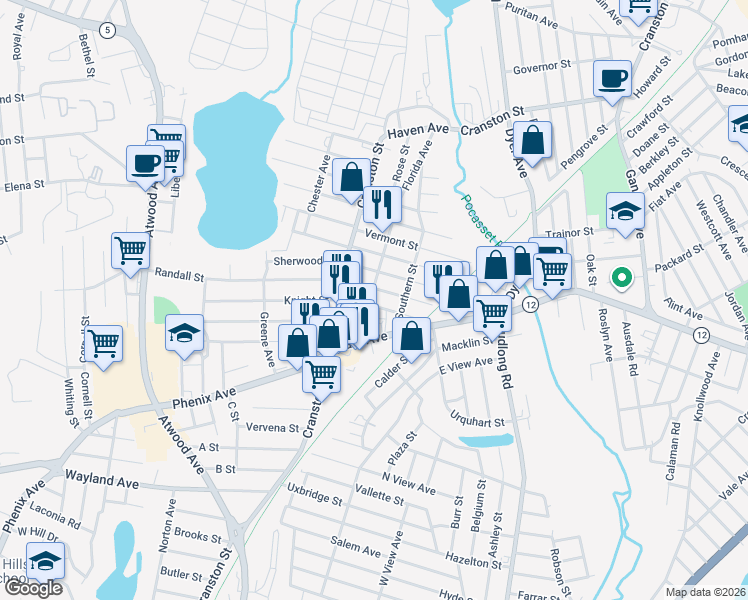 map of restaurants, bars, coffee shops, grocery stores, and more near 34 America Street in Cranston