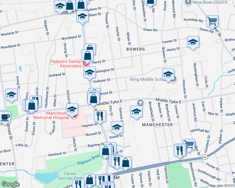 map of restaurants, bars, coffee shops, grocery stores, and more near 74 Delmont Street in Manchester
