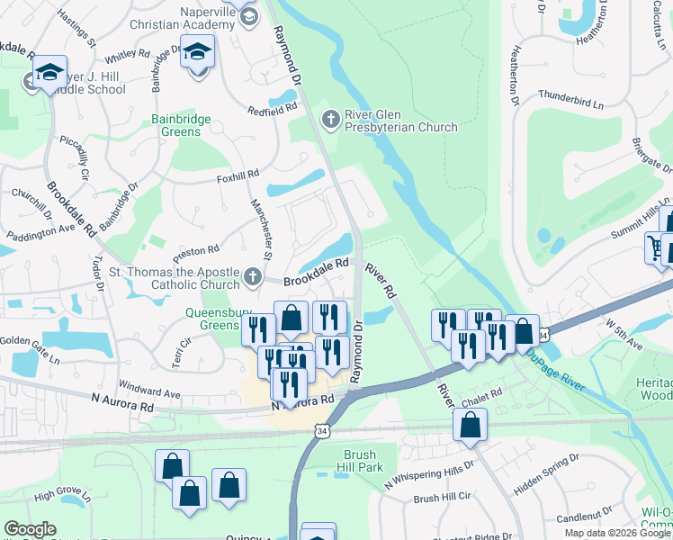map of restaurants, bars, coffee shops, grocery stores, and more near 1320 Raymond Drive in Naperville
