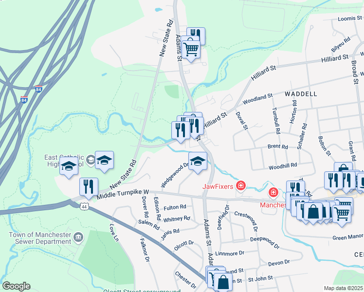 map of restaurants, bars, coffee shops, grocery stores, and more near 642 Hilliard Street in Manchester