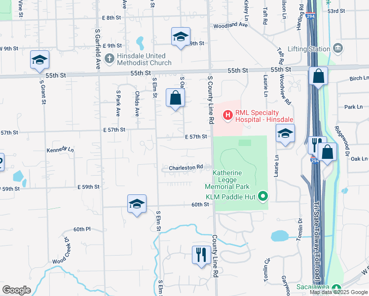 map of restaurants, bars, coffee shops, grocery stores, and more near 704 Chanticleer Lane in Hinsdale