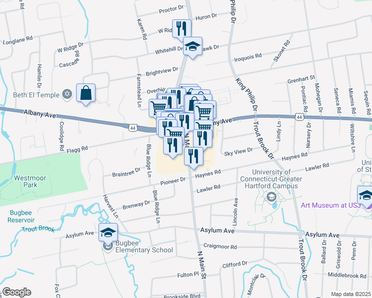 map of restaurants, bars, coffee shops, grocery stores, and more near 333 North Main Street in West Hartford
