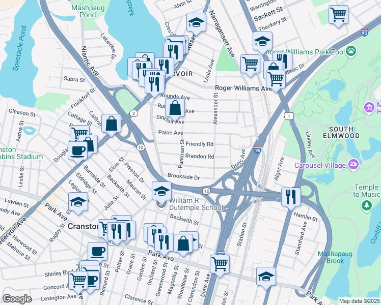 map of restaurants, bars, coffee shops, grocery stores, and more near 58 Brandon Road in Cranston