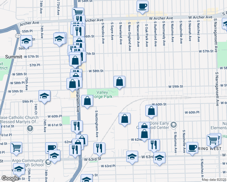 map of restaurants, bars, coffee shops, grocery stores, and more near 7001 West 59th Street in Chicago