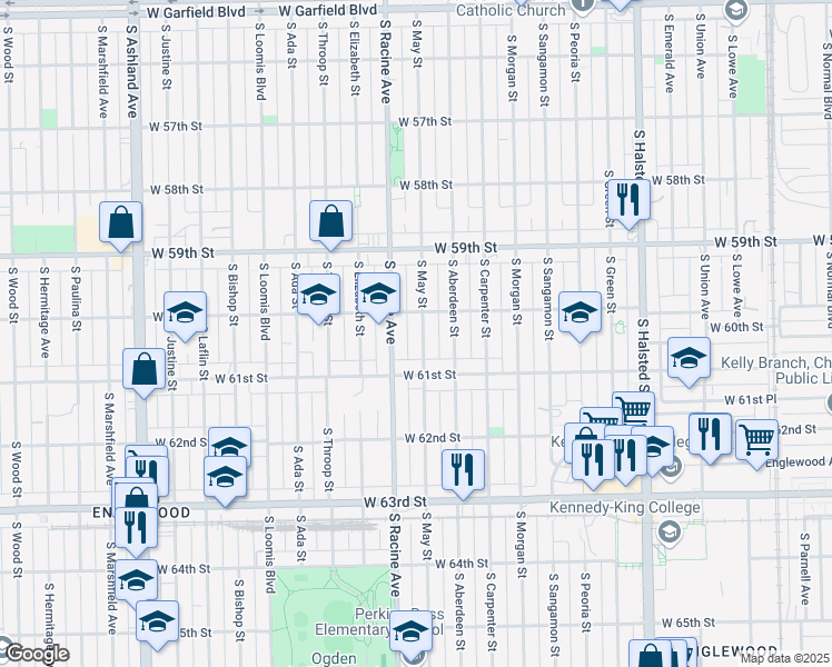 map of restaurants, bars, coffee shops, grocery stores, and more near 6018 South May Street in Chicago