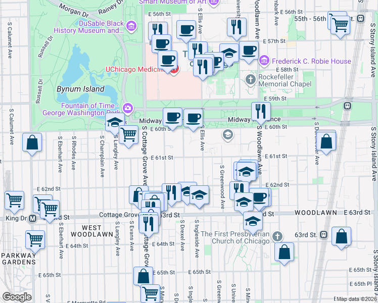 map of restaurants, bars, coffee shops, grocery stores, and more near 950 East 61st Street in Chicago
