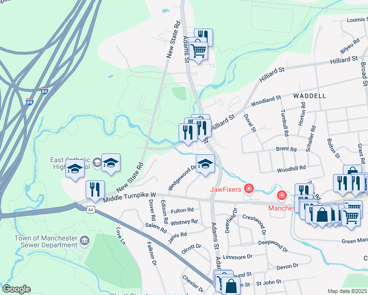 map of restaurants, bars, coffee shops, grocery stores, and more near 642 Hilliard Street in Manchester