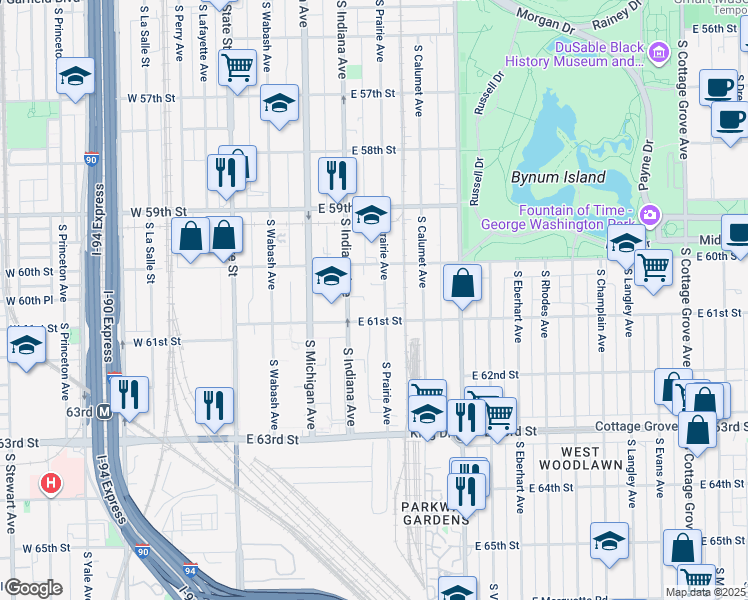 map of restaurants, bars, coffee shops, grocery stores, and more near 6038 South Prairie Avenue in Chicago