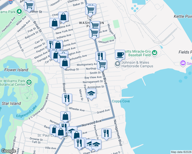 map of restaurants, bars, coffee shops, grocery stores, and more near in Providence