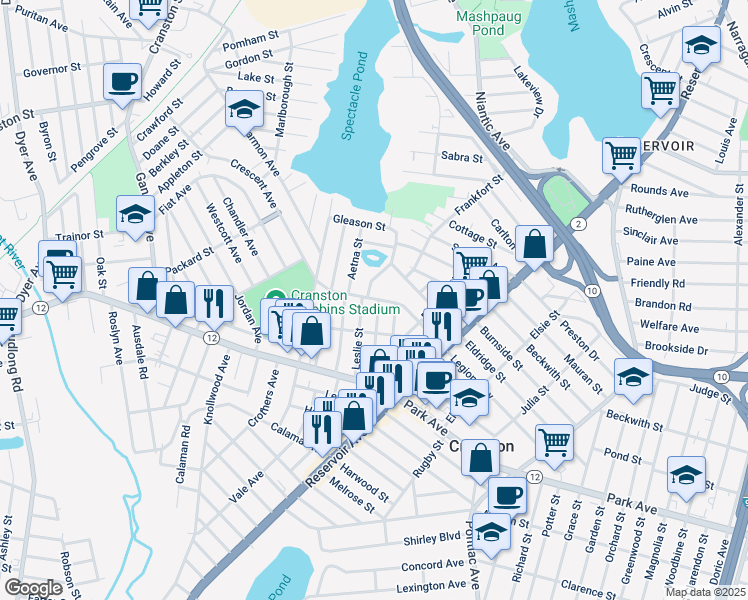 map of restaurants, bars, coffee shops, grocery stores, and more near 75 Pershing Street in Cranston