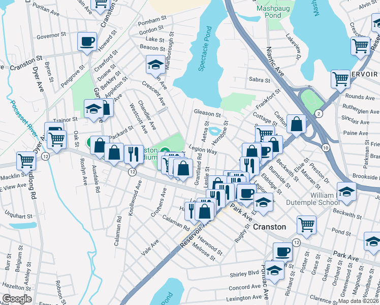 map of restaurants, bars, coffee shops, grocery stores, and more near 62 Grantland Road in Cranston