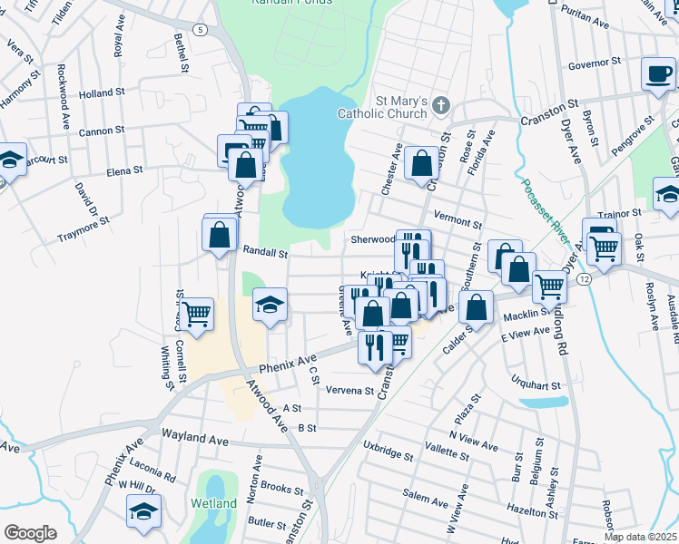 map of restaurants, bars, coffee shops, grocery stores, and more near 55 Greene Avenue in Cranston