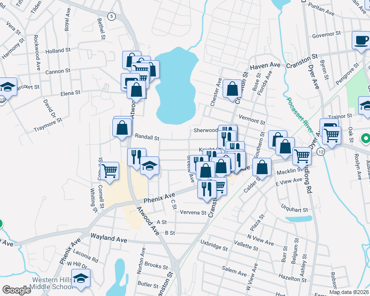 map of restaurants, bars, coffee shops, grocery stores, and more near 55 Greene Avenue in Cranston