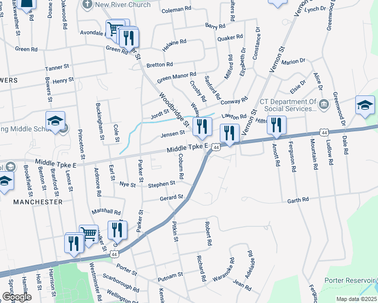 map of restaurants, bars, coffee shops, grocery stores, and more near 585 East Center Street in Manchester