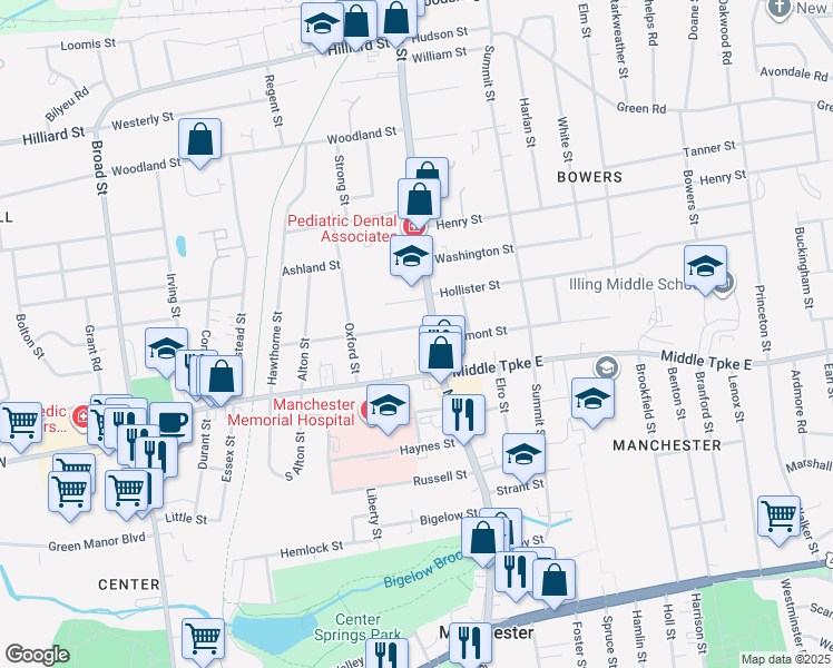 map of restaurants, bars, coffee shops, grocery stores, and more near 280 Main Street in Manchester