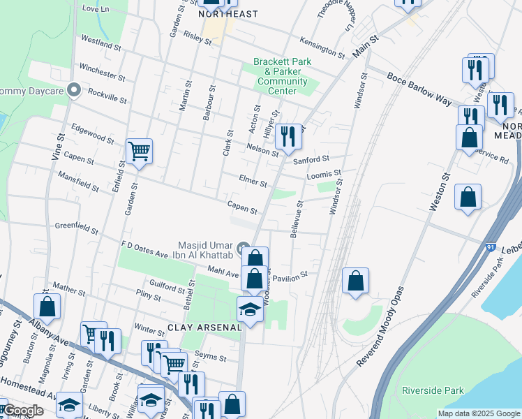 map of restaurants, bars, coffee shops, grocery stores, and more near 2170 Main Street in Hartford