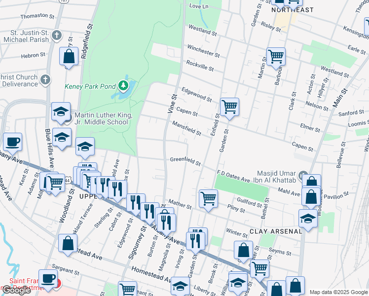 map of restaurants, bars, coffee shops, grocery stores, and more near 66 Greenfield Street in Hartford