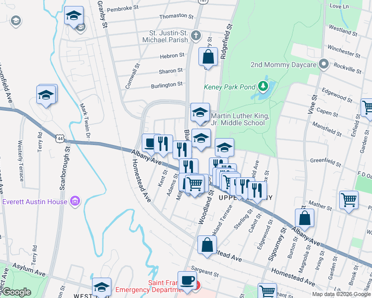 map of restaurants, bars, coffee shops, grocery stores, and more near 110 Adams Street in Hartford