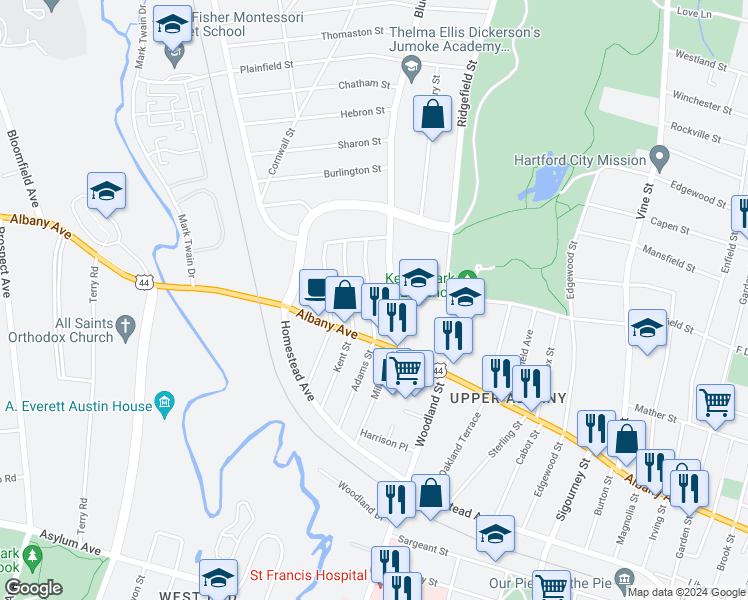 map of restaurants, bars, coffee shops, grocery stores, and more near 110 Adams Street in Hartford