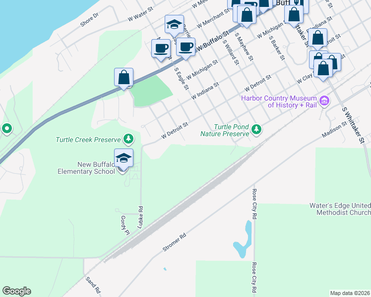 map of restaurants, bars, coffee shops, grocery stores, and more near 315 South Clinton Street in New Buffalo