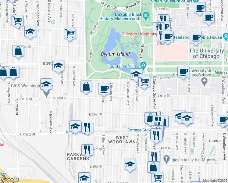 map of restaurants, bars, coffee shops, grocery stores, and more near 6105 South Rhodes Avenue in Chicago