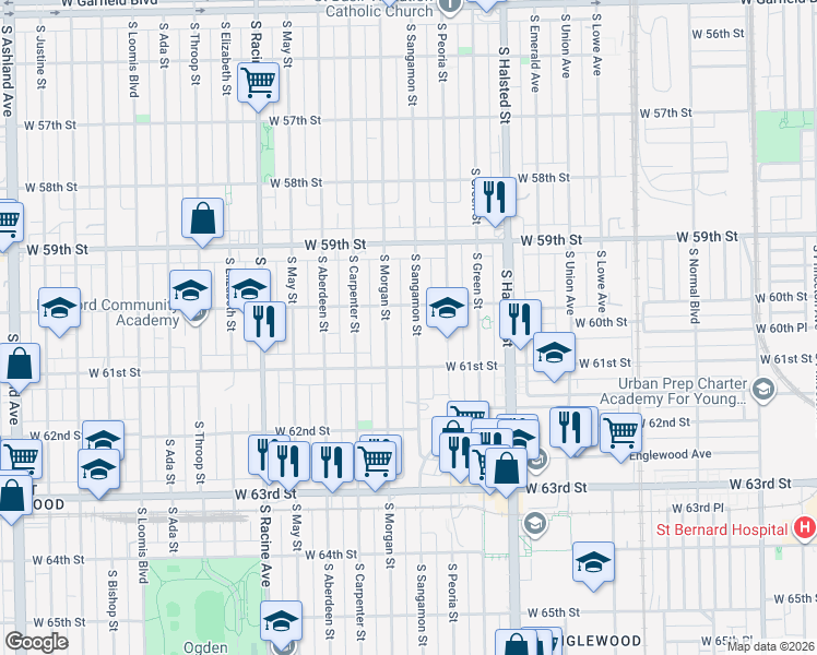 map of restaurants, bars, coffee shops, grocery stores, and more near 6037 South Morgan Street in Chicago