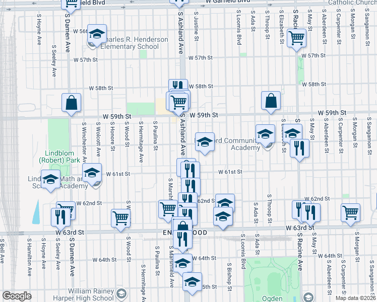 map of restaurants, bars, coffee shops, grocery stores, and more near 6032 South Ashland Avenue in Chicago