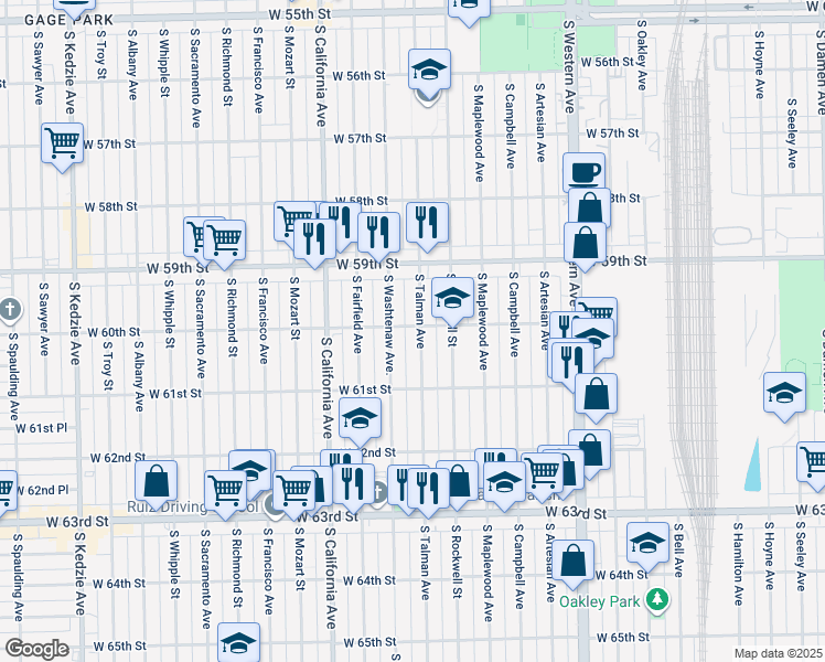 map of restaurants, bars, coffee shops, grocery stores, and more near 6018 South Talman Avenue in Chicago