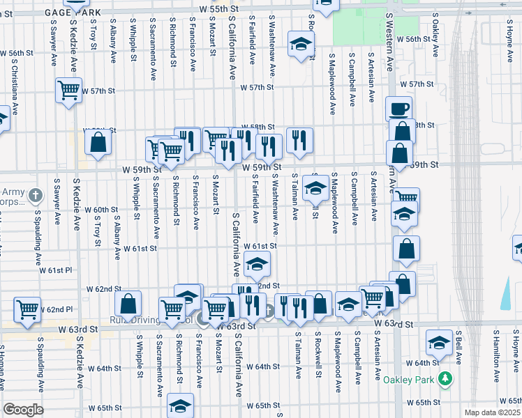 map of restaurants, bars, coffee shops, grocery stores, and more near 6018 South Washtenaw Avenue in Chicago