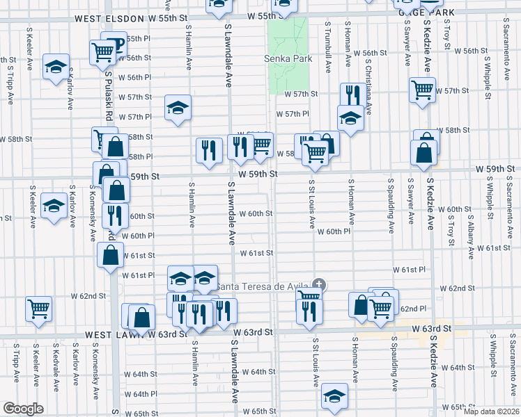 map of restaurants, bars, coffee shops, grocery stores, and more near 3621 West 60th Street in Chicago