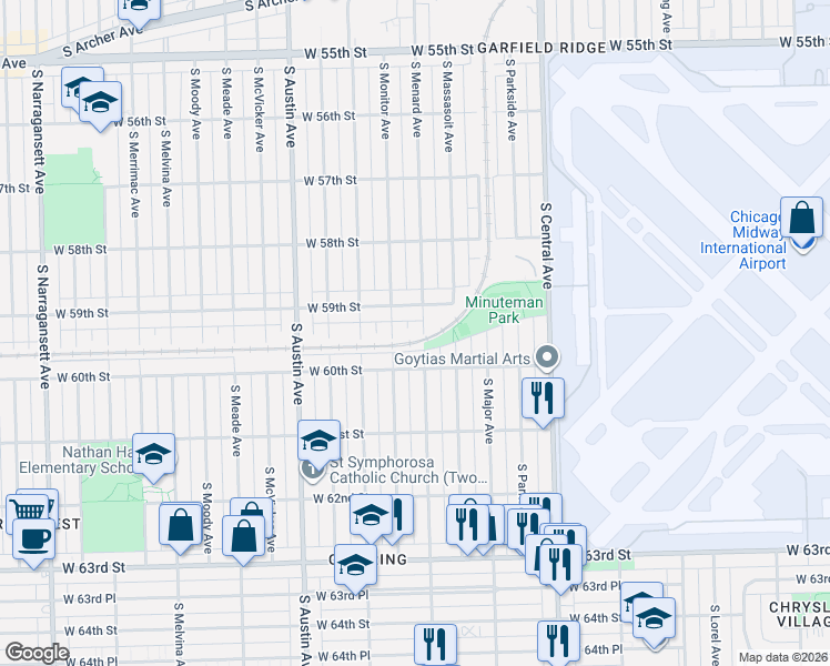 map of restaurants, bars, coffee shops, grocery stores, and more near 5947 South Menard Avenue in Chicago